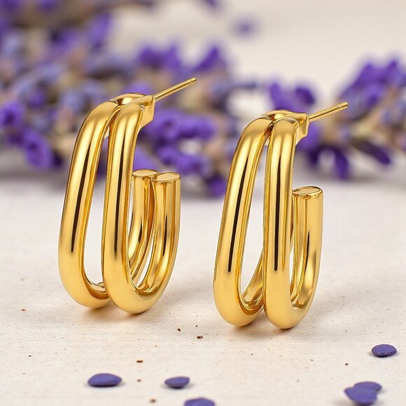🆕️Minimalist Double C-Hoop Earrings - 18K Gold Plated Stainless Steel Earrings✨ - Picture 1 of 15